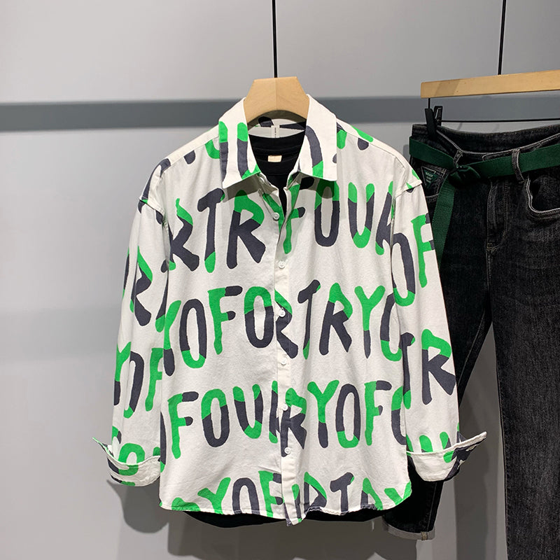 Men's Casual Letter Print Cotton Long-sleeved Shirt