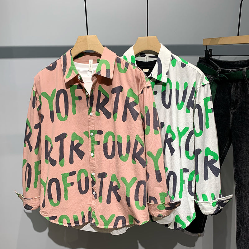Men's Casual Letter Print Cotton Long-sleeved Shirt